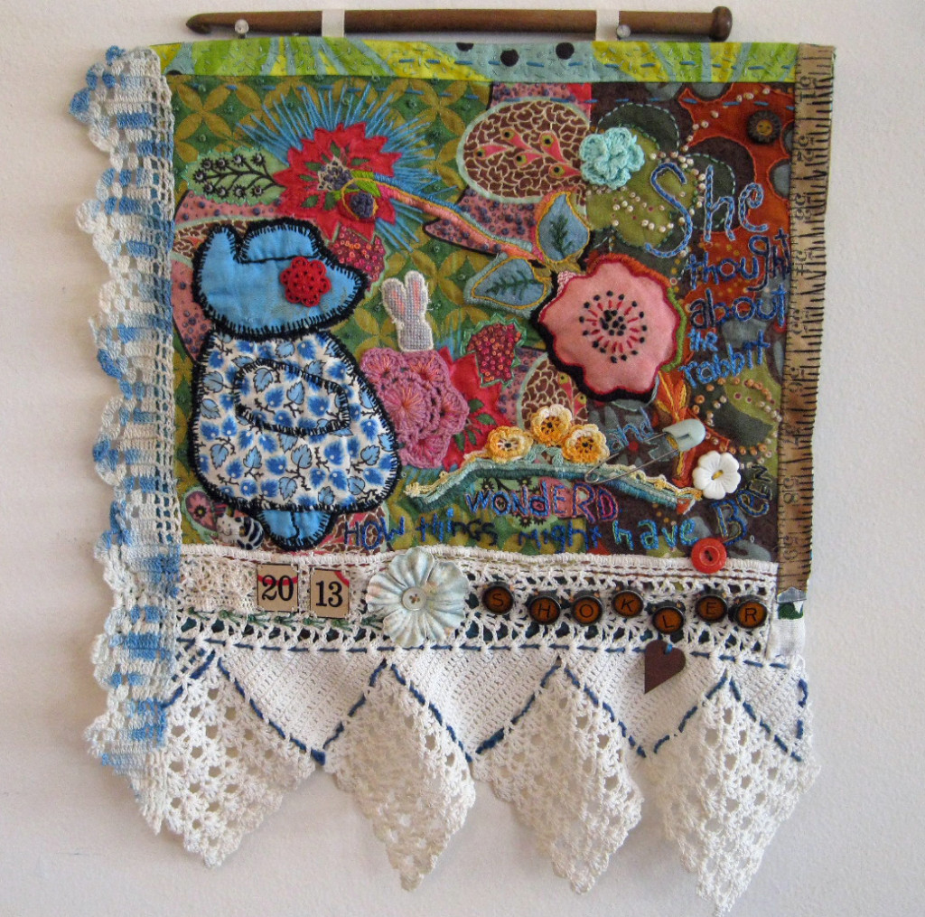 CHOICES # 1, by Sherri L. Shokler Materials: Scraps of vintage family quilts, pillowcases, and sewing supplies from my great-grandmothers, embroidery from a childhood blouse, contemporary quilt fabric, scrapbook supplies and game pieces. This piece is a meditation on a lifetime of reproductive choices. As a young woman I lived in a time and place where a full array of reproductive health options was available to me. As a middle-aged newlywed advanced technology was an option to enhance my childbearing possibilities. From the other side of menopause I find myself reflecting again on the paths I have chosen – and not chosen – for my life