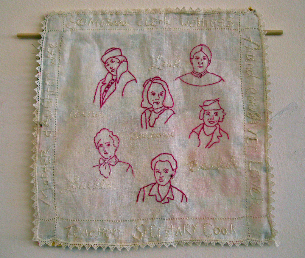 CHOICES # 2, by Sherri L. Shokler Materials:  Vintage hankie from Anna Jones Quinn Dusenbury Mendenhall (my great grandmother), pieced backing from a thrift store throw, and transfers of family photos.   This piece shows four generations of the women in my family beginning with my mother in the center; her mother Beulah; her grandmothers Louella and Anna; and her great-grandmother Leah. As a child I knew all of them but now, that they have all passed, I am seeing their lives, their stories, and my own, in new ways. Some left abusive relationships, some did not. In some way, all of their choices have become part of my story.   
